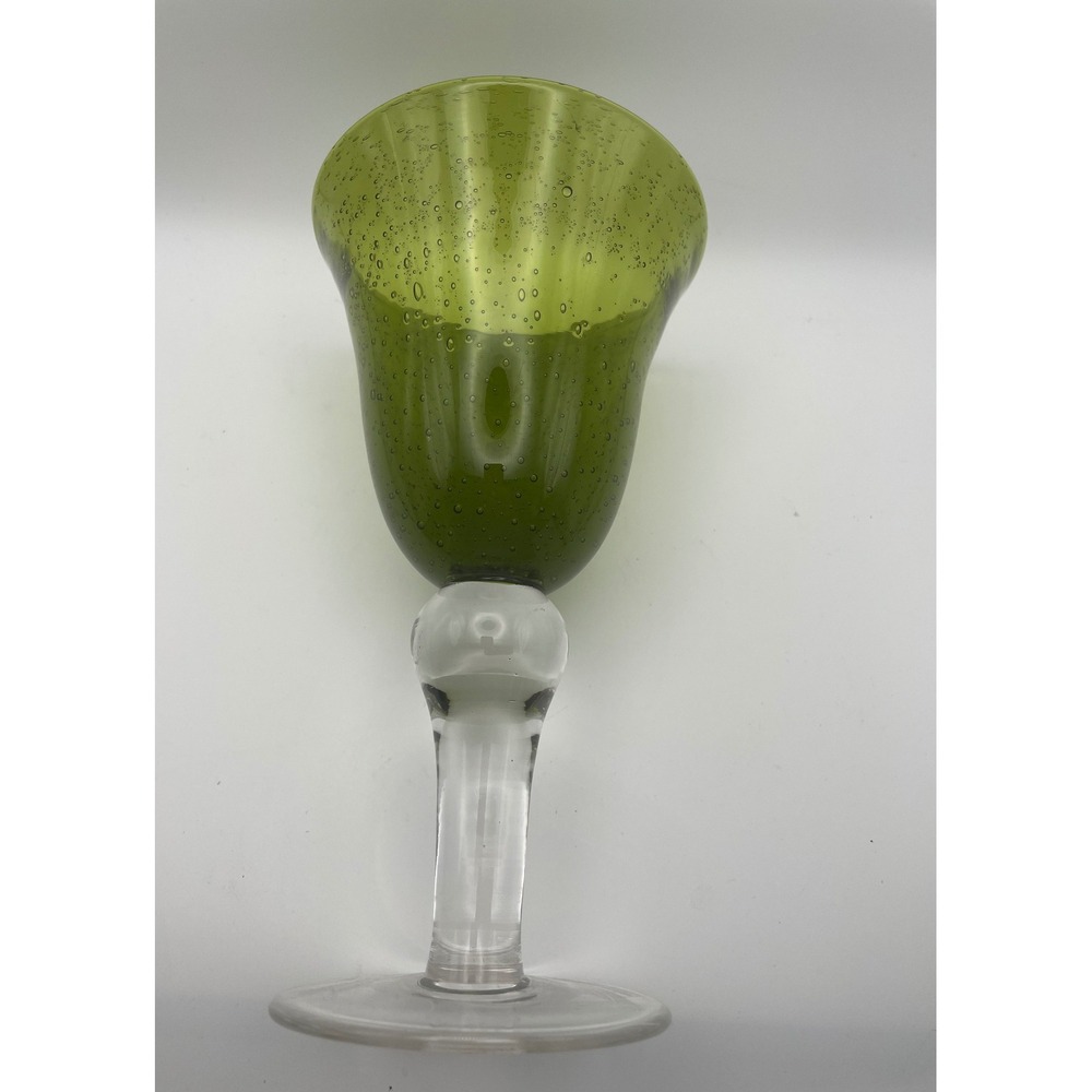 Artland Iris Set of 6 Green Bubble Glass Wine Goblets Hand Blown Seeded Glass 8"